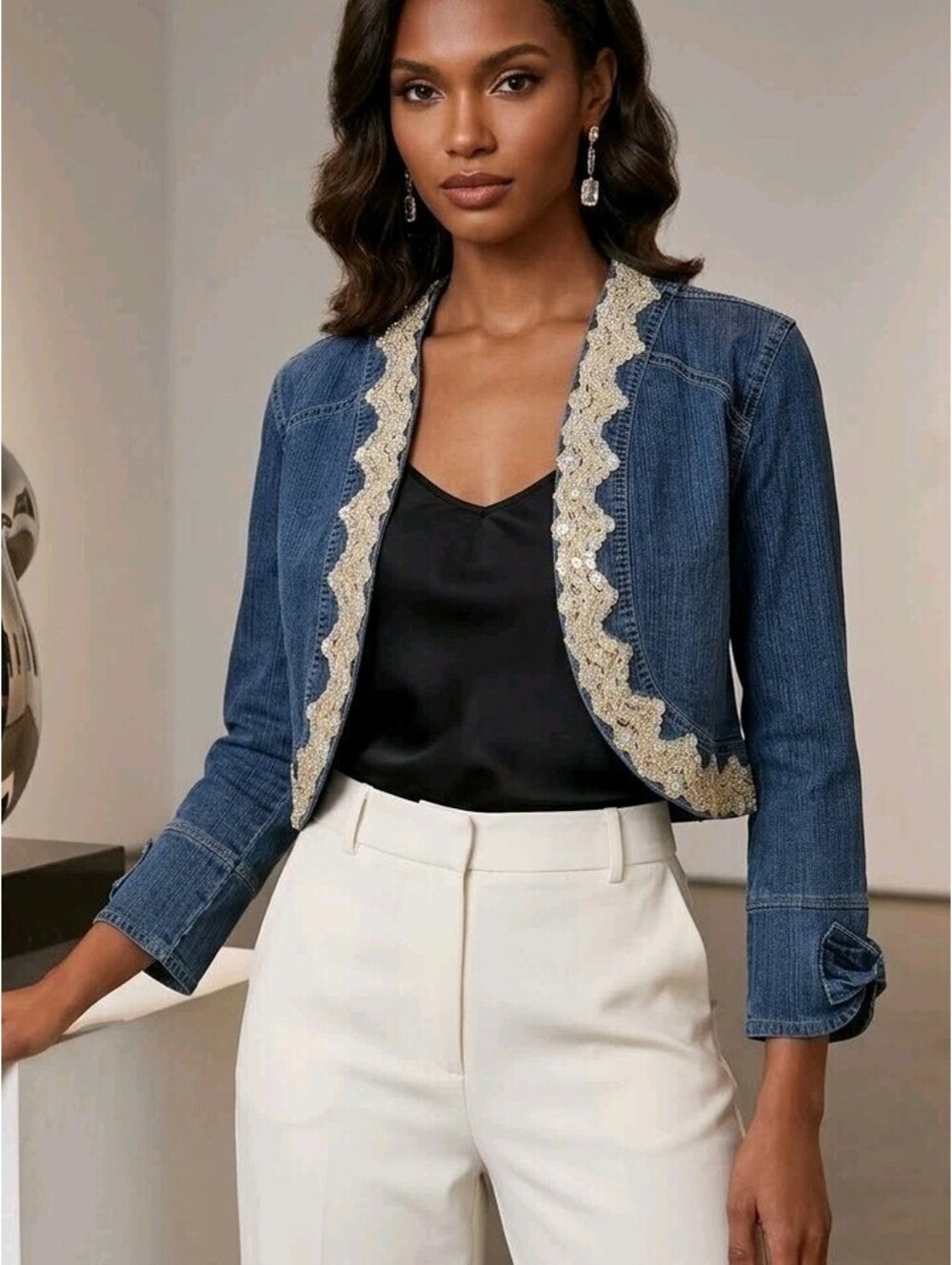 Jeans On Jacket Womens L Blue Denim Sequin Lace Trim Bow Cuff Cropped Western